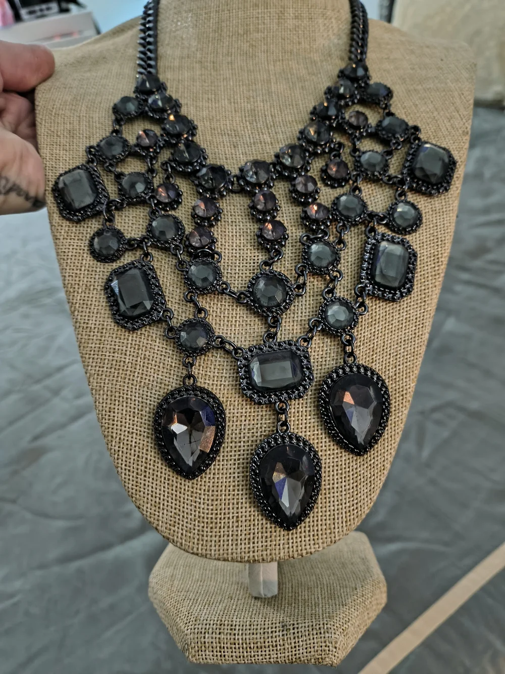 Dramatic Black Gunmetal Crystal Statement Bib Necklace • Gothic Glam • Layered